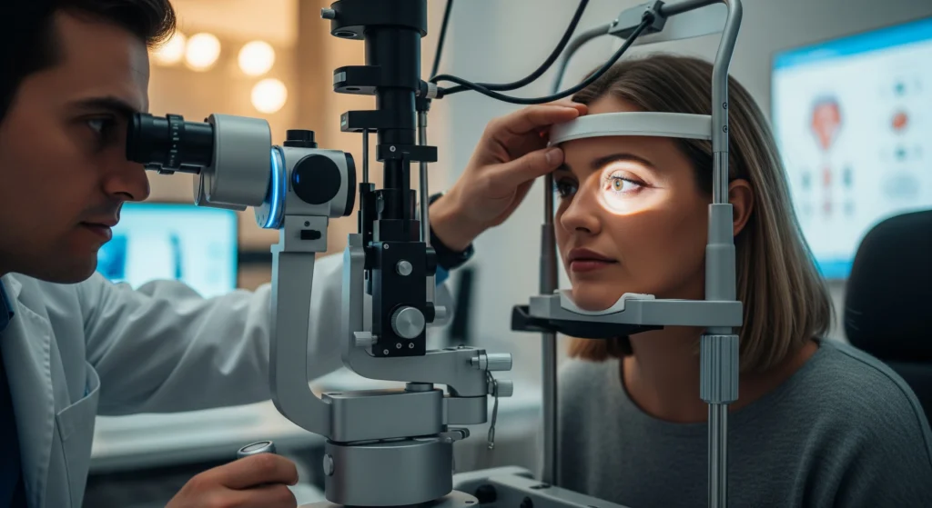 Ophthalmologist examining a patient’s eyes using advanced diagnostic equipment in a modern eye care clinic.