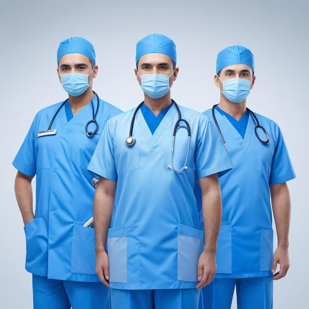 Asian male doctors team wearing blue scrubs, face masks, and stethoscopes – healthcare professionals ready for surgery or hospital duty. Provided by Company VR Healthy