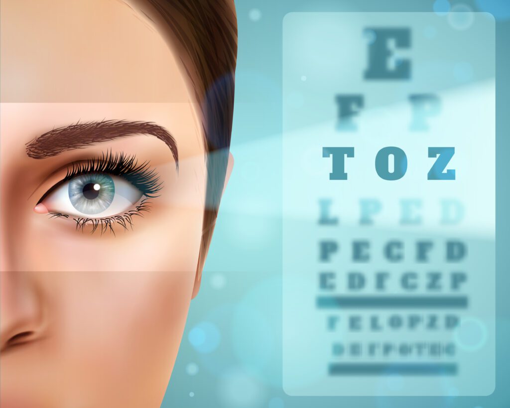 ophthalmology, showing the anatomy of the eye and medical tools used in eye care