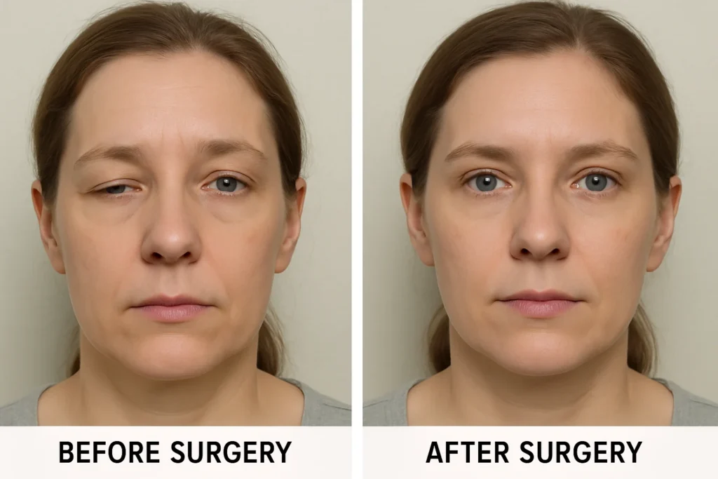 Ptosis surgery before and after results showing corrected droopy eyelids, improved vision, and a more youthful appearance.