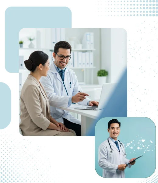 VR Healthy doctor consulting a patient and another VR Healthy specialist smiling confidently with a clipboard.