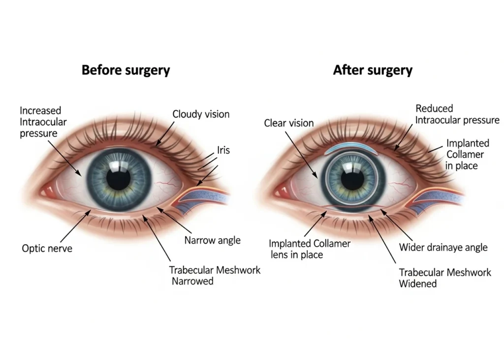 ICL and glaucoma surgery results with ptosis correction, showing clearer vision and natural, rejuvenated eyelids.