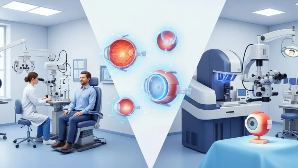 Ophthalmologist performing ophthalmic check up using eye examination test equipment