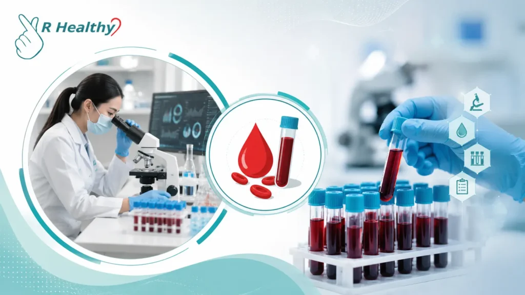 VR Healthy lab expert performing Complete Blood Count Test with blood samples and modern diagnostic equipment.