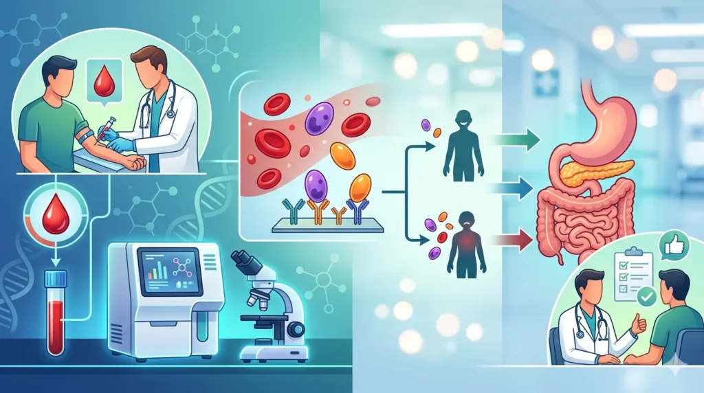 Doctor taking blood sample and lab testing process with digestive system illustration