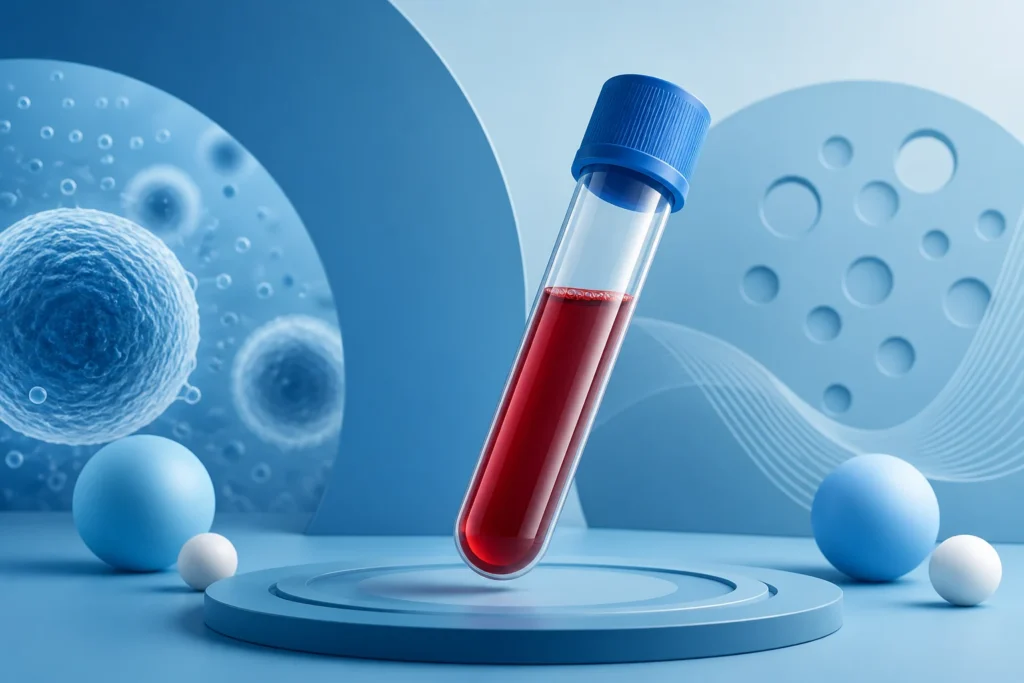 Blood sample tube with red liquid in a modern medical lab background