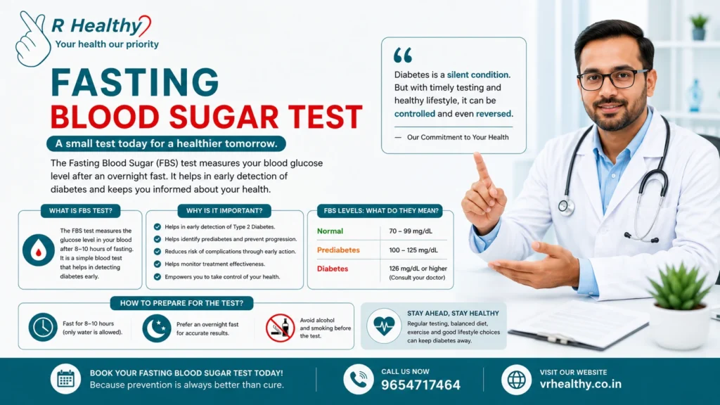 Doctor explaining Fasting Blood Sugar Test with diabetes awareness tips and glucose levels by VR Healthy healthcare