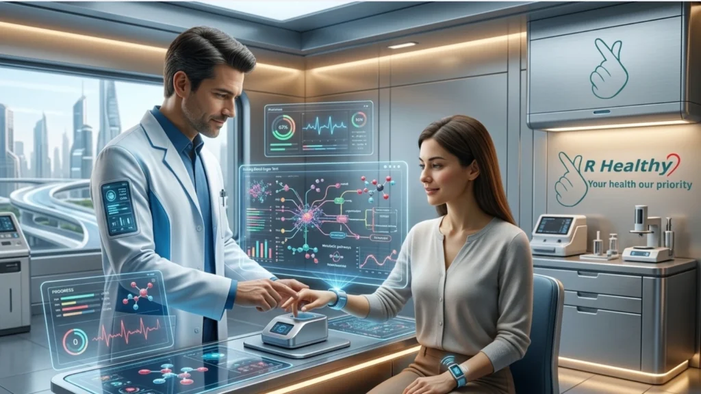 Doctor performing Random Blood Sugar Test and Fasting Blood Sugar Test using advanced digital technology at VR Healthy
