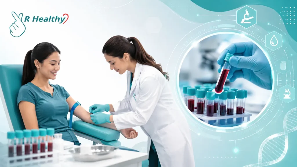 Patient undergoing Complete Blood Count Test at VR Healthy with expert blood sample collection and modern lab setup.