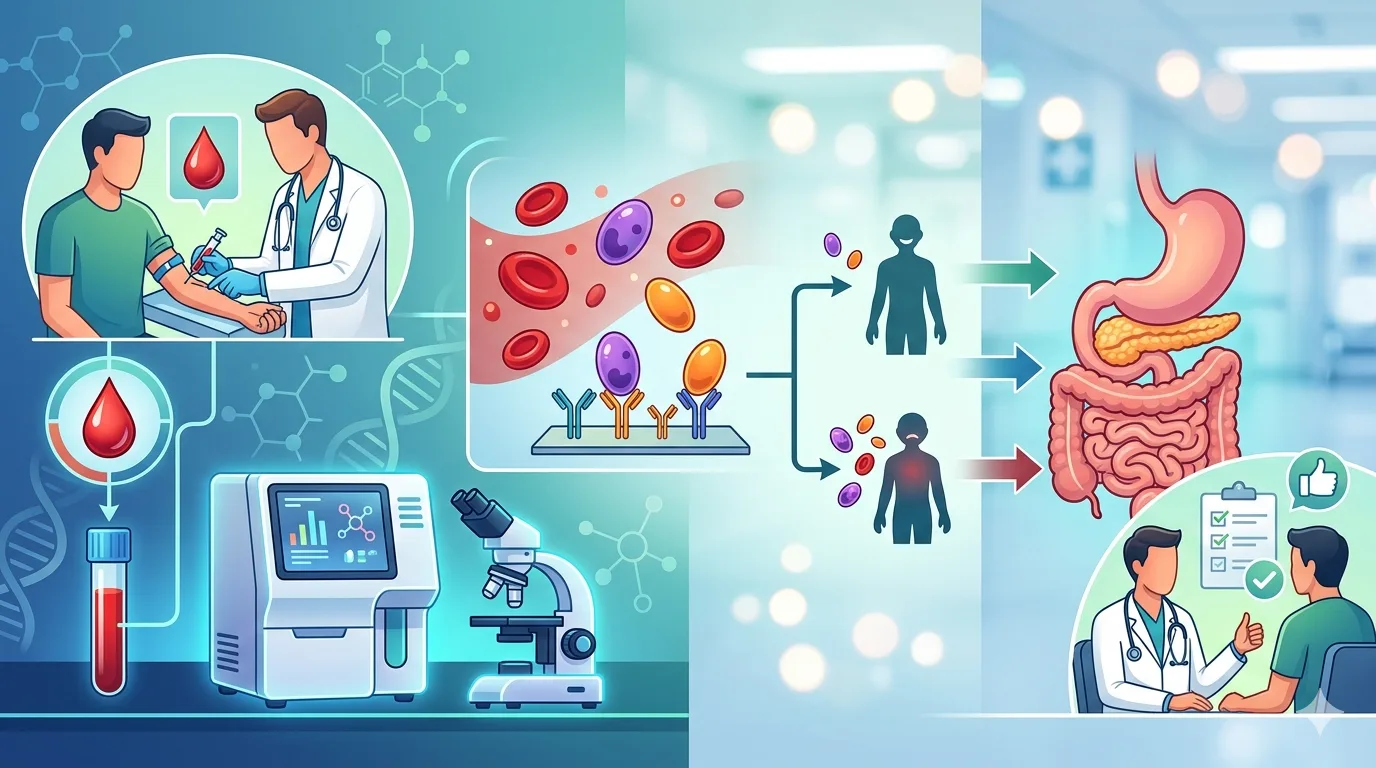 Doctor taking blood sample and lab testing process with digestive system illustration