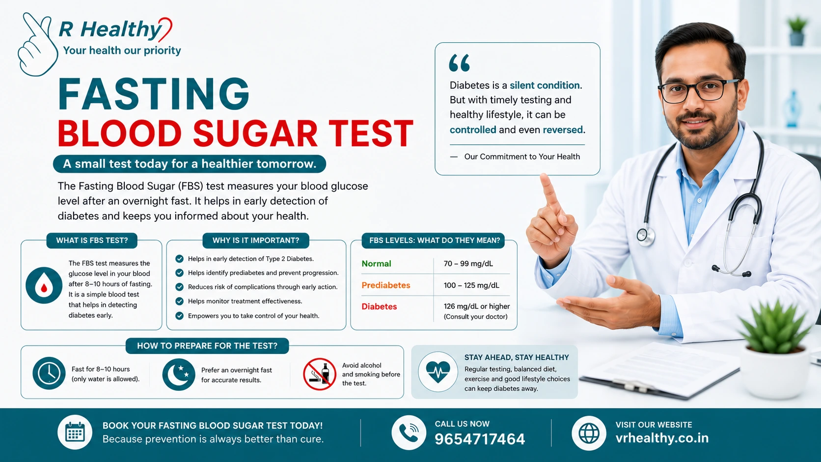 Doctor explaining Fasting Blood Sugar Test with diabetes awareness tips and glucose levels by VR Healthy healthcare